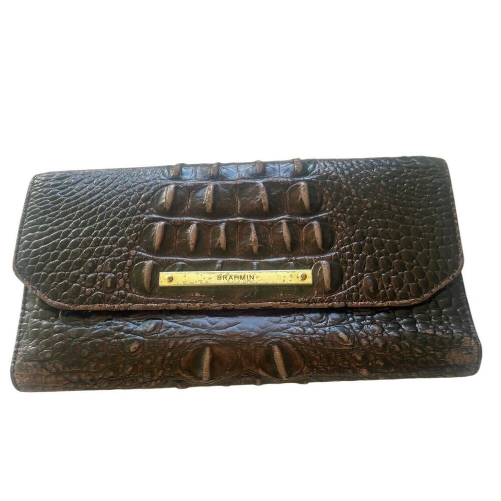 Brahmin Melbourne Pecan Croc Embossed Leather Checkbook Wallet Brown